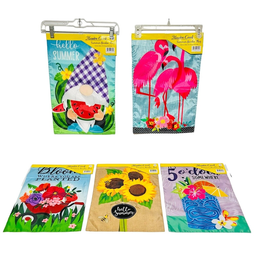 Meadow Creek Sumer Garden Flag 12.5 x 18- 5 NEW Flamingos, Hello Summer, 5 Clock
